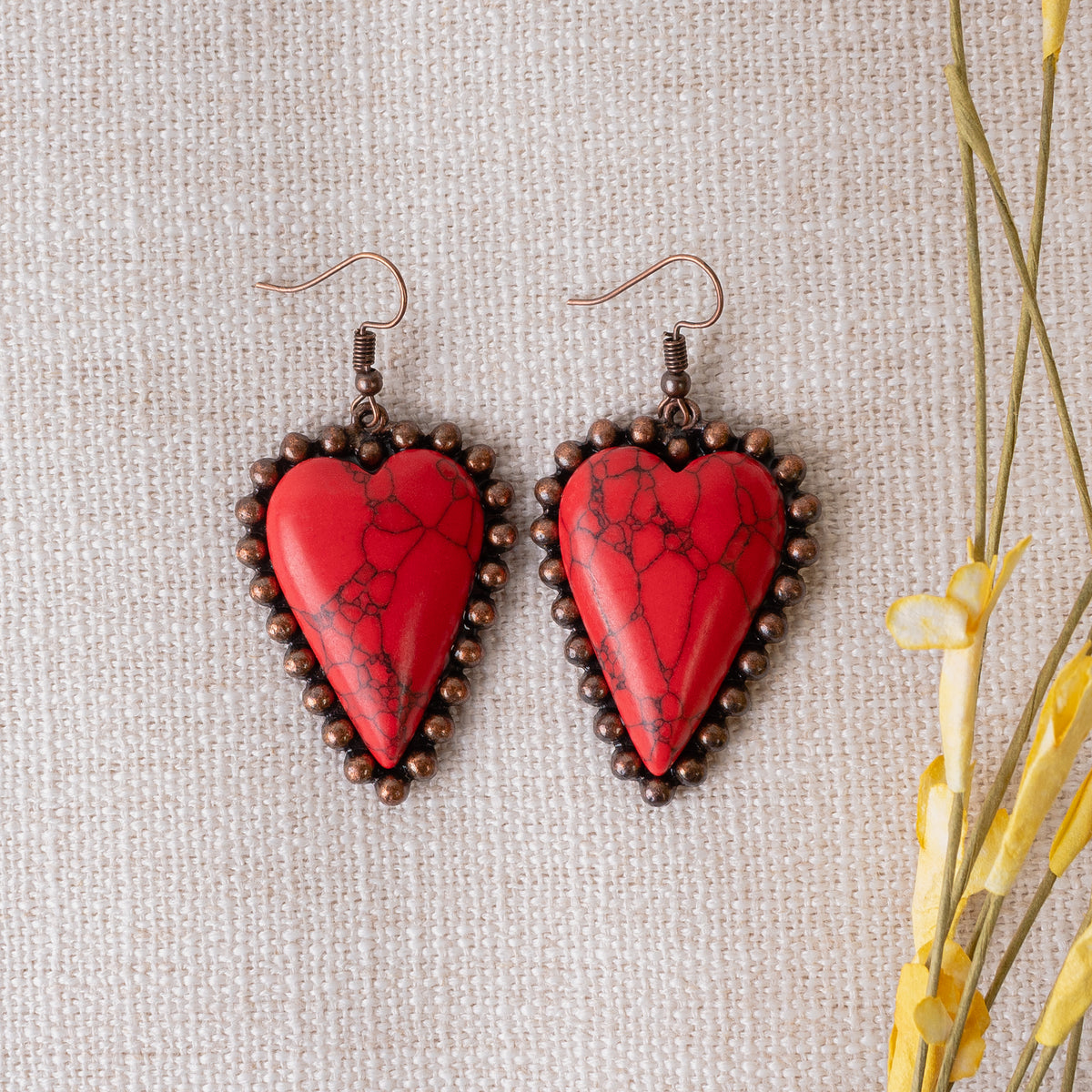 93097 - Heart Earrings - Red & Copper