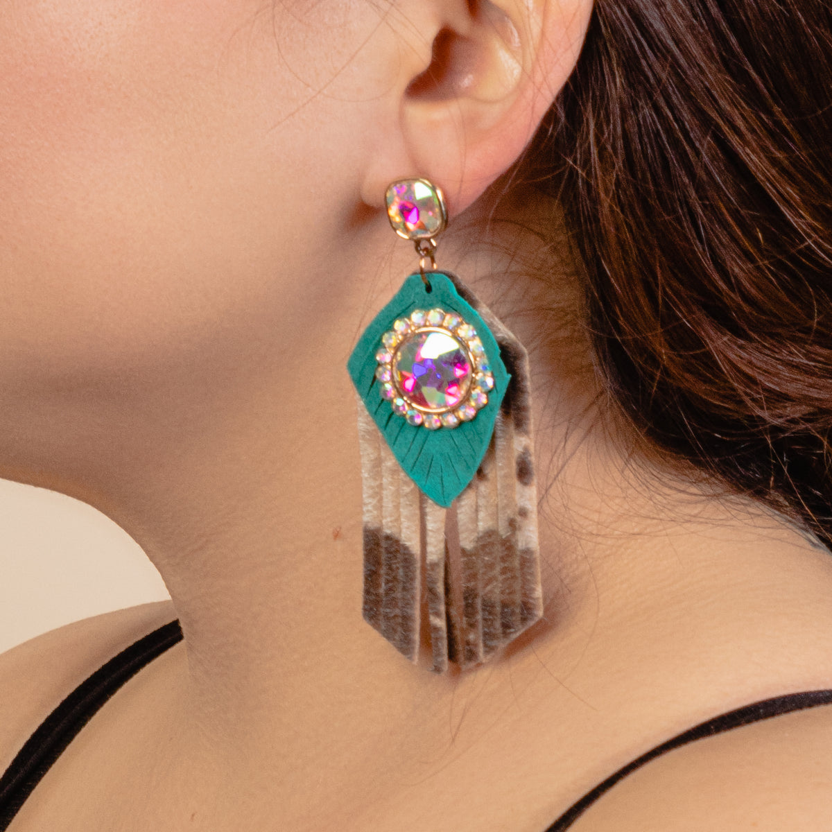 93099 - Animal Print Tassel Earrings - Turquoise