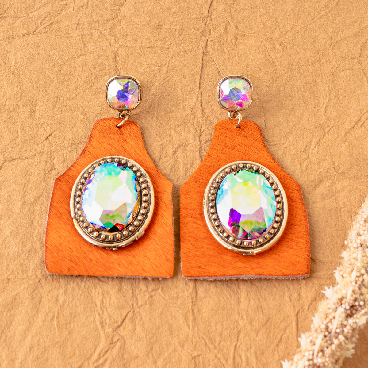 93100 - Rhinestone Animal Hide Earrings - Orange