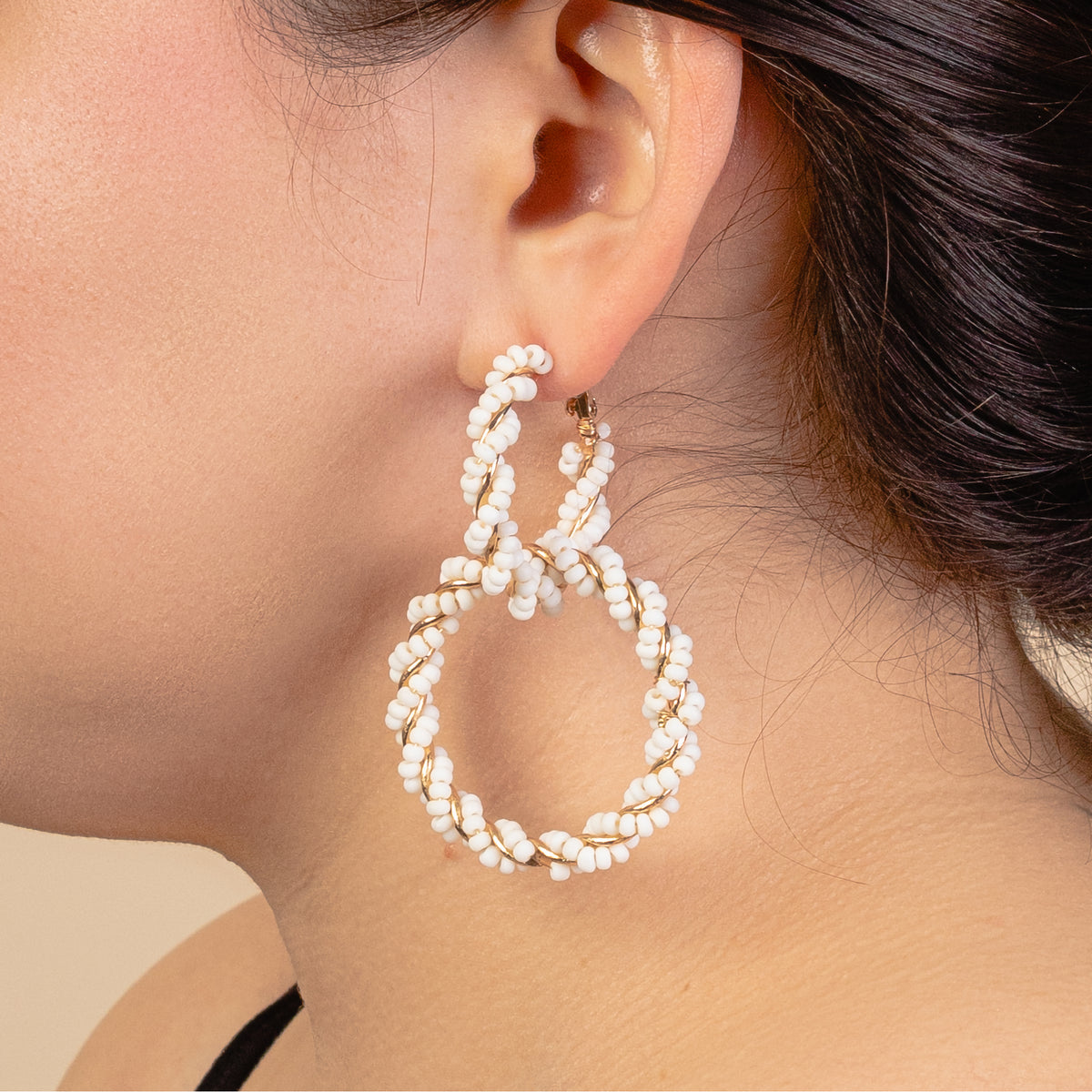 93109 - Beaded Hoop Earrings - White