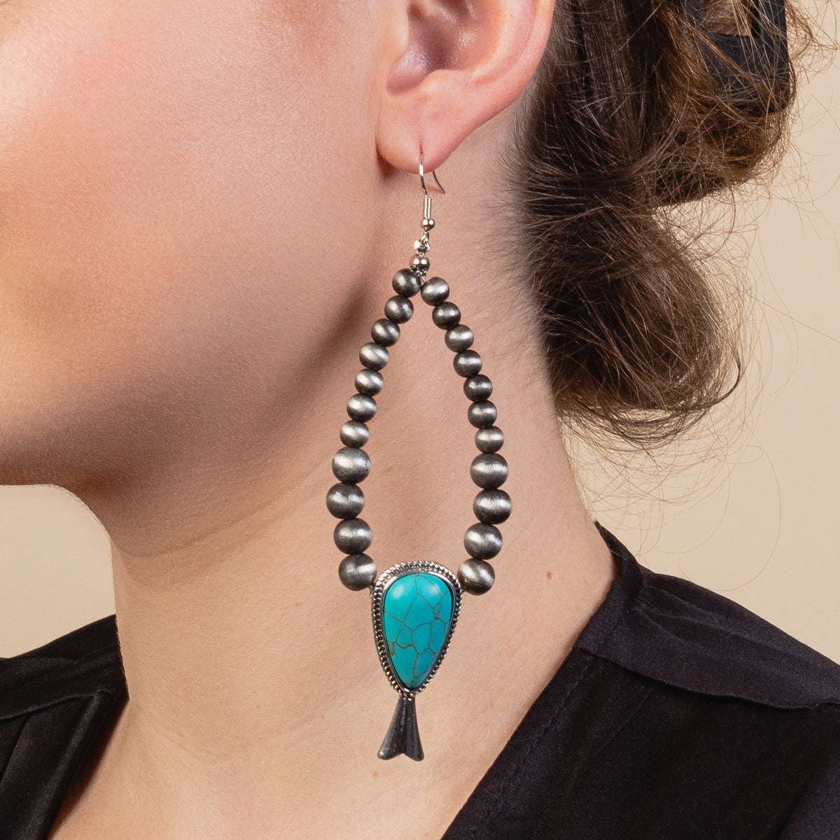 93114 - Squash Blossom Hoop Earrings - Turquoise & Silver