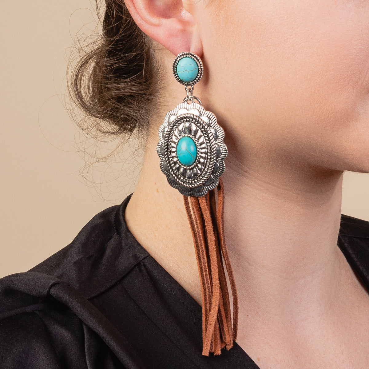 93122 - Squash Blossom Tassel Earrings - Turquoise & Silver