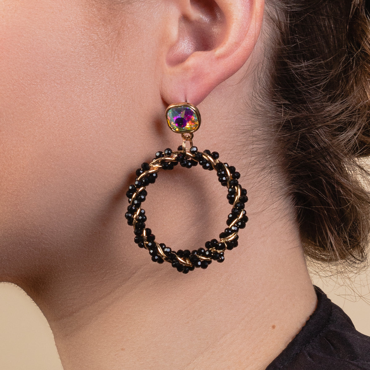 93124 - Beaded Hoop Earrings - Black