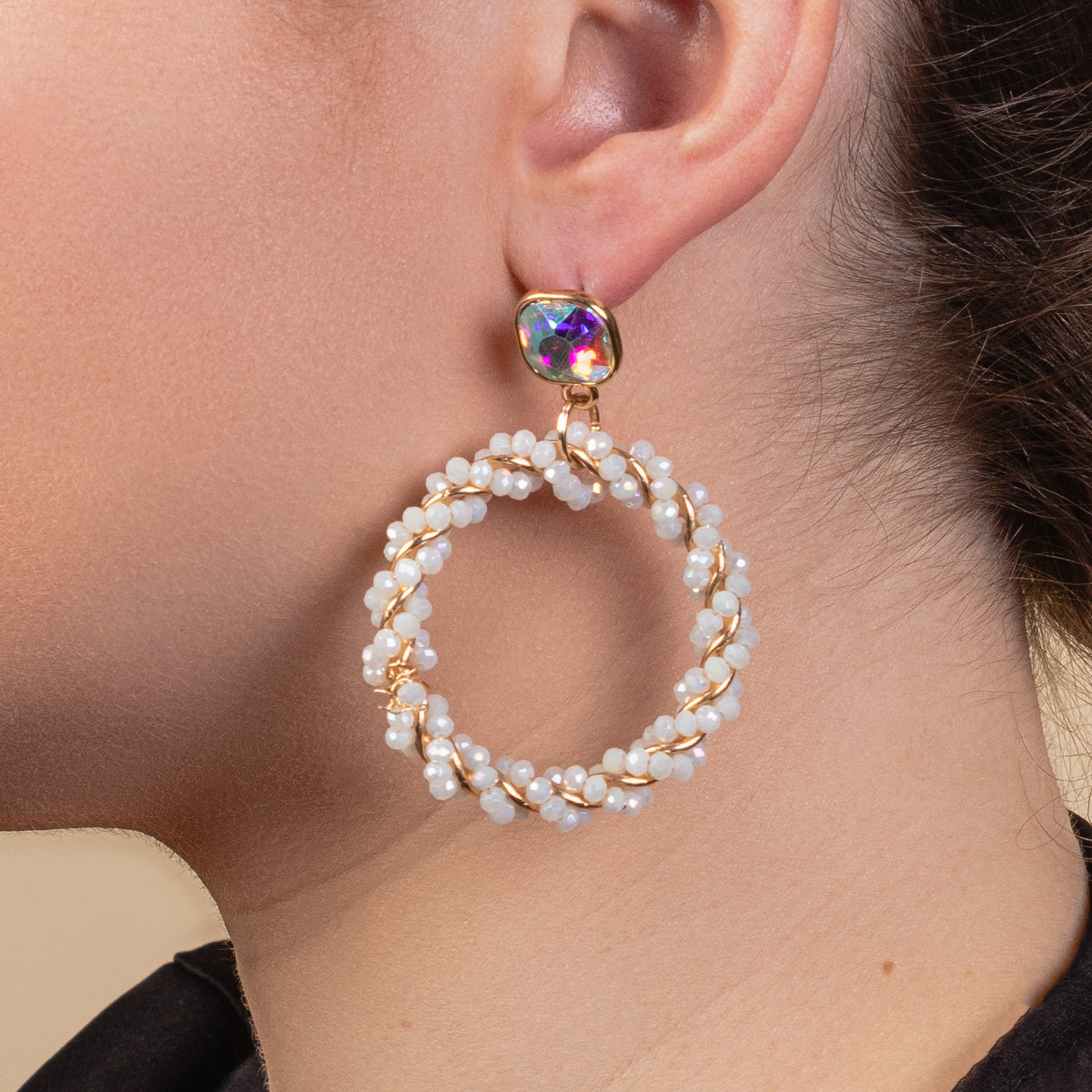 93124 - Beaded Hoop Earrings - White