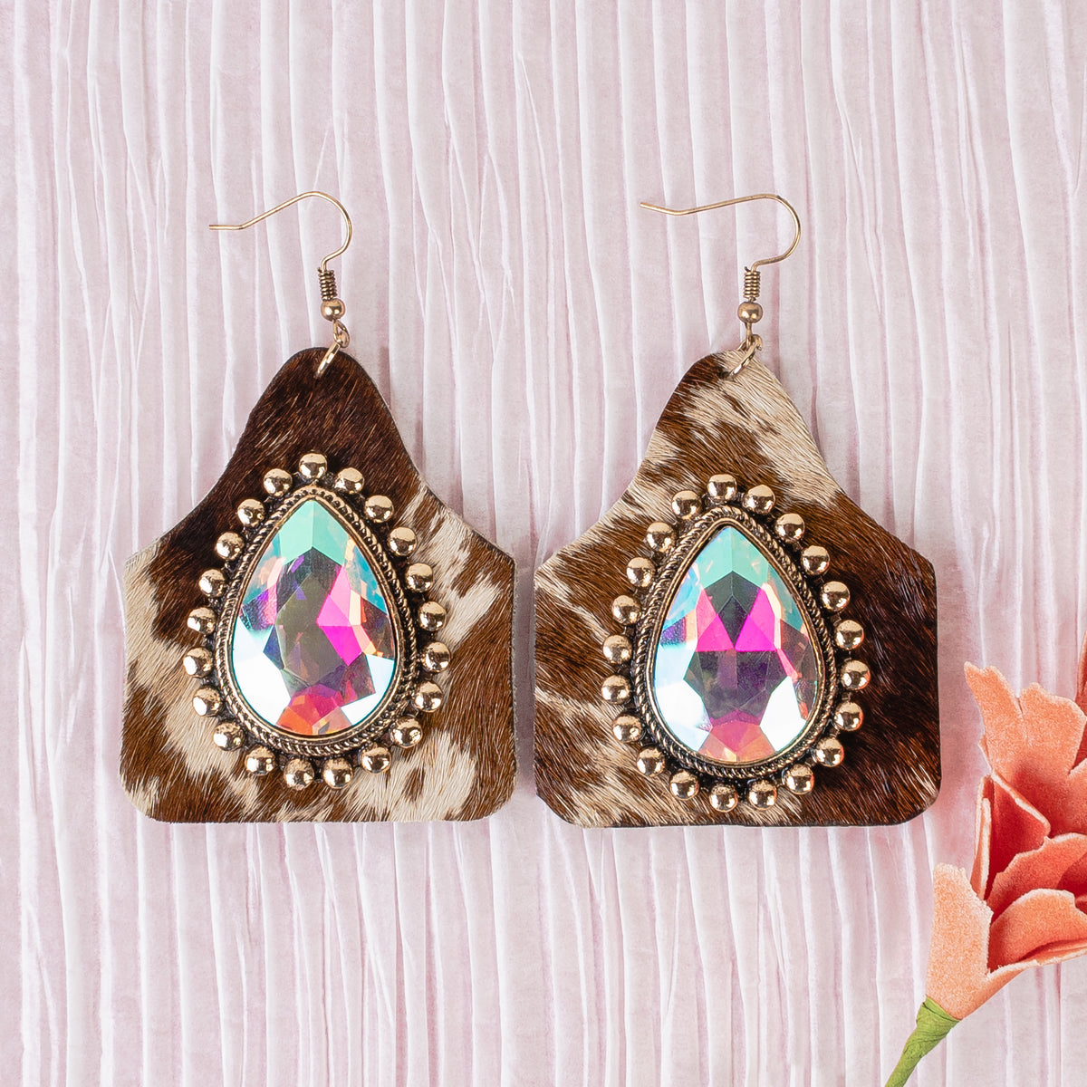 93125 - Rhinestone Animal Hide Earrings - Brown