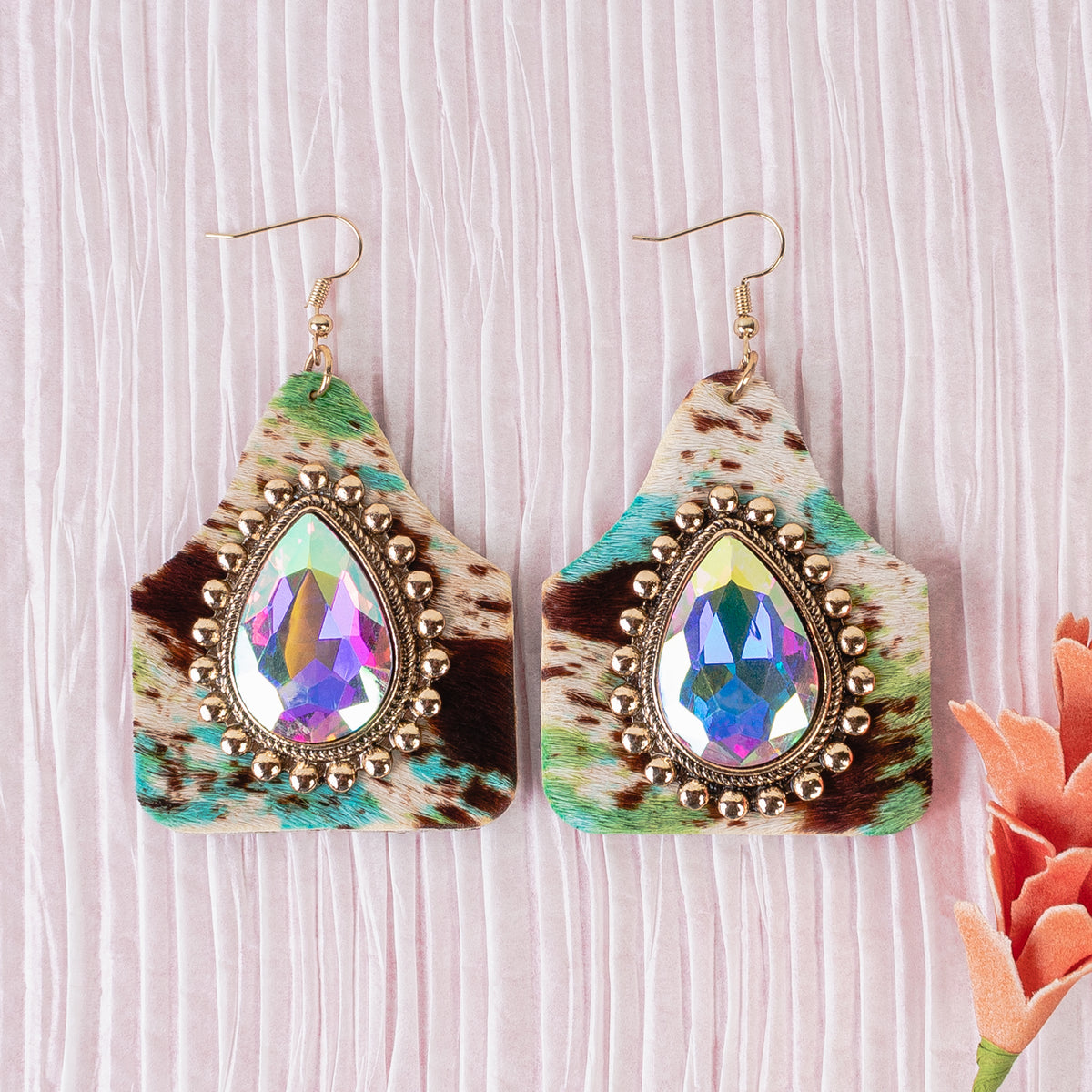 93125 - Rhinestone Animal Hide Earrings - Green