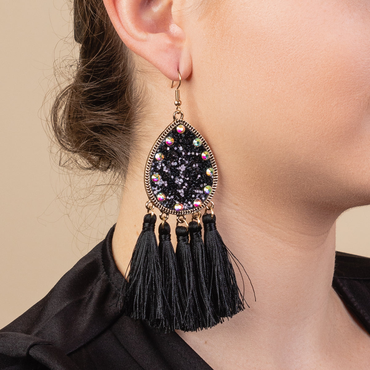 93126 - Glitter Tassel Earrings - Black