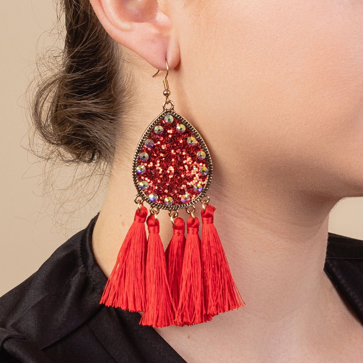 93126 - Glitter Tassel Earrings - Red