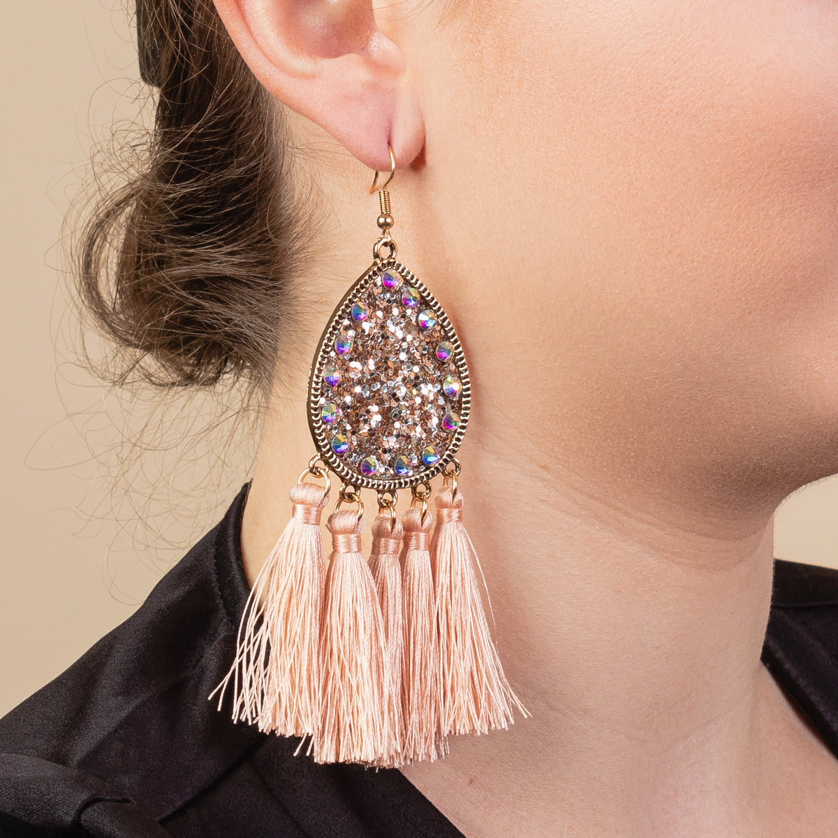 93126 - Glitter Tassel Earrings - Rose Gold