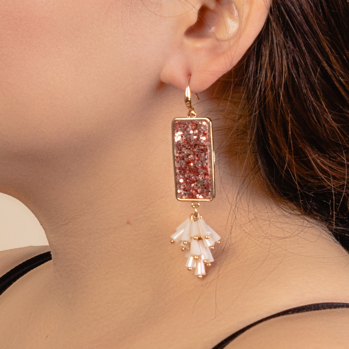 93127 - Rectangle Glitter Drop Earrings - Rose Gold