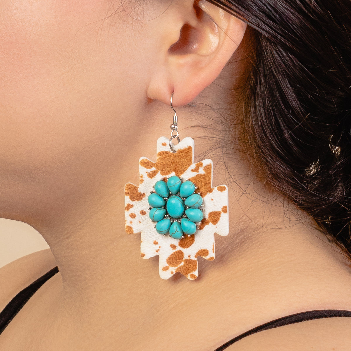 93130 - Animal Print Squash Blossom Earrings - Brown & Turquoise