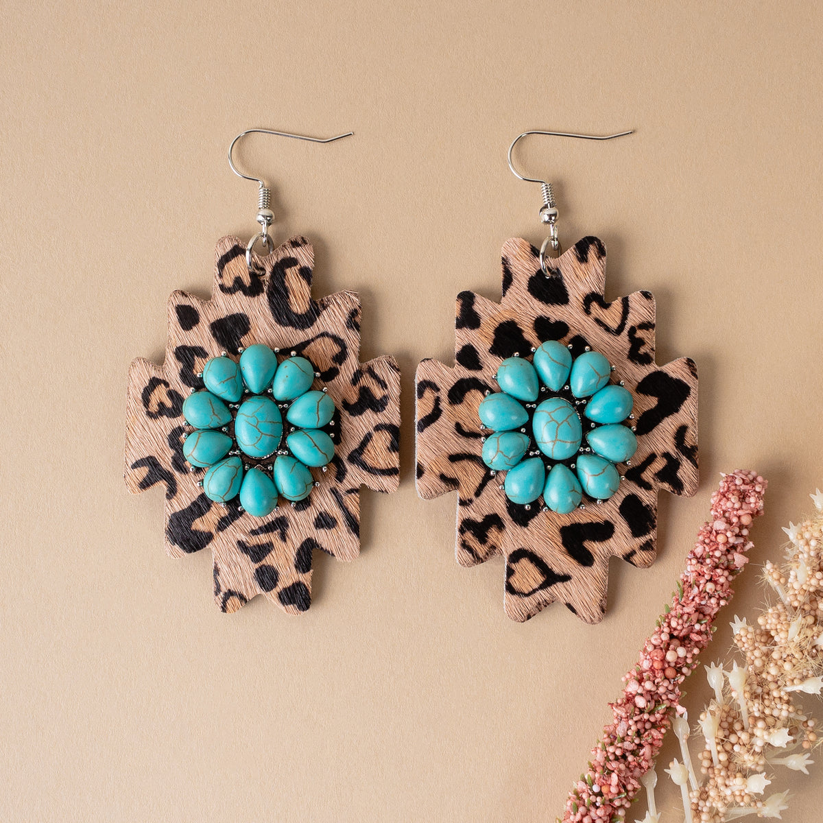 93130 - Animal Print Squash Blossom Earrings - Rose Gold & Turquoise