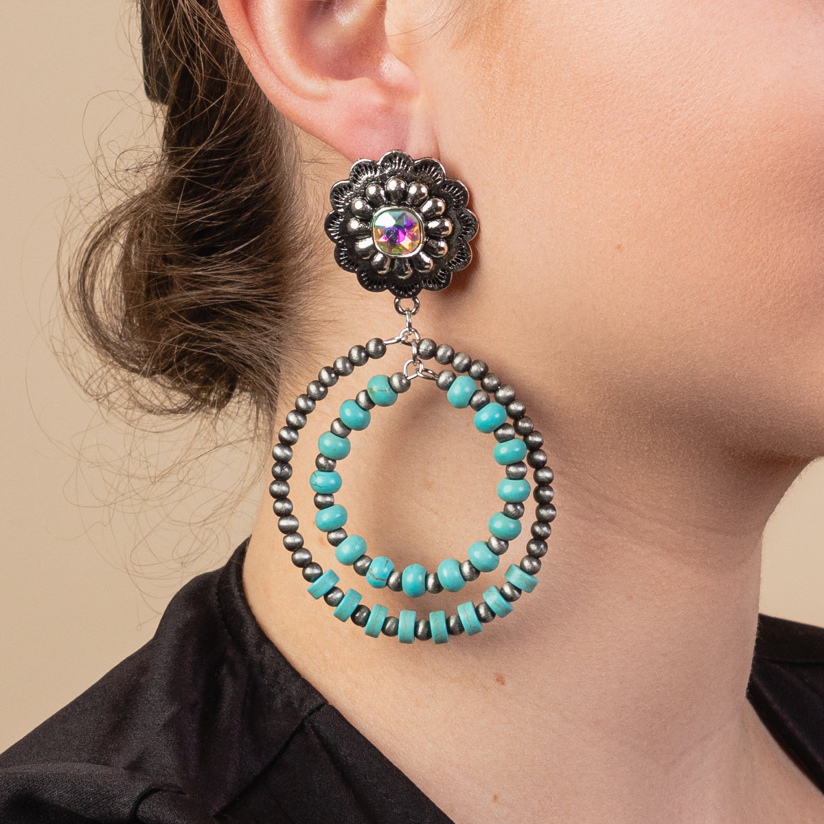 93133 - Squash Blossom Hoop Earrings - Turquoise & Silver