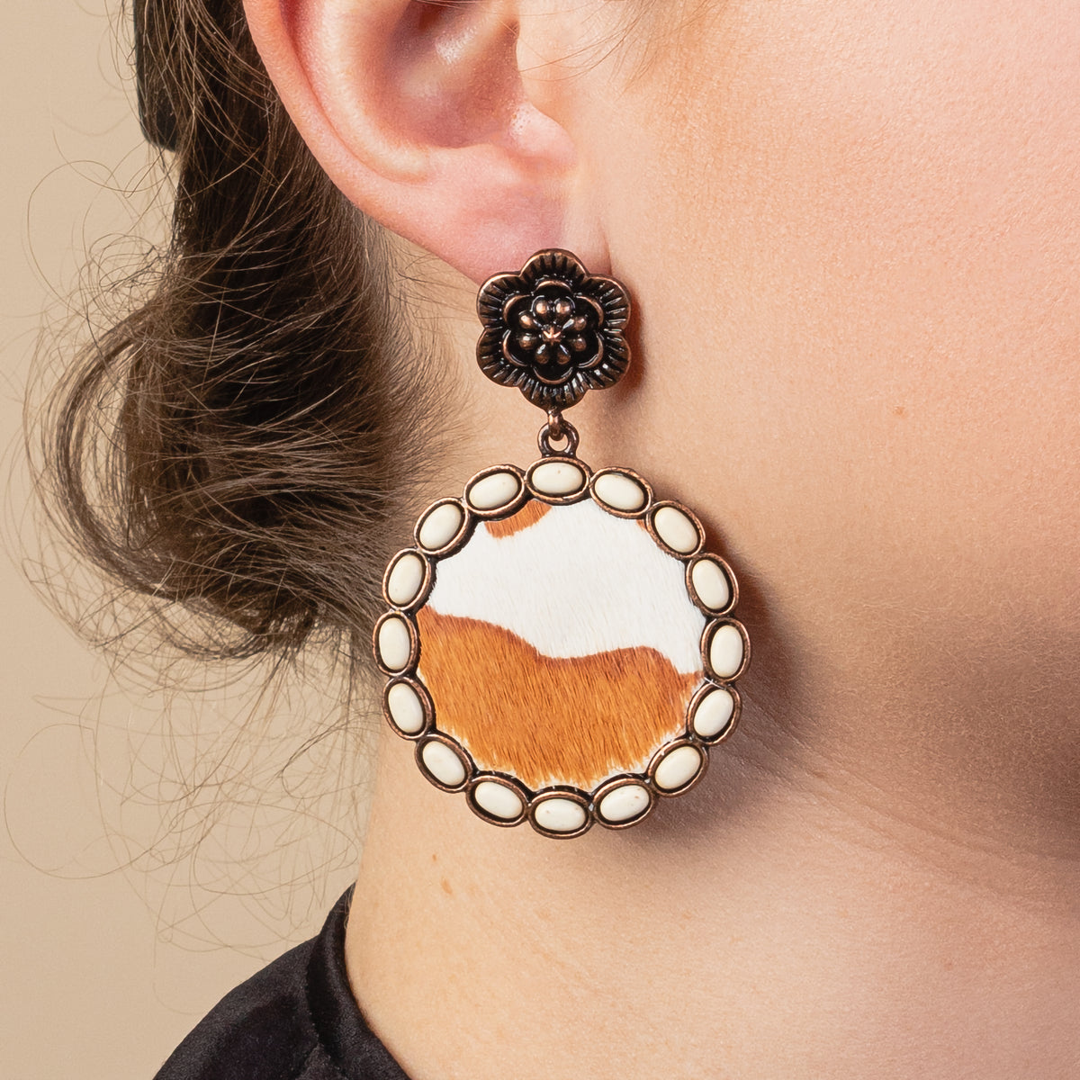 93134 - Animal Print Earrings - Ivory & Copper