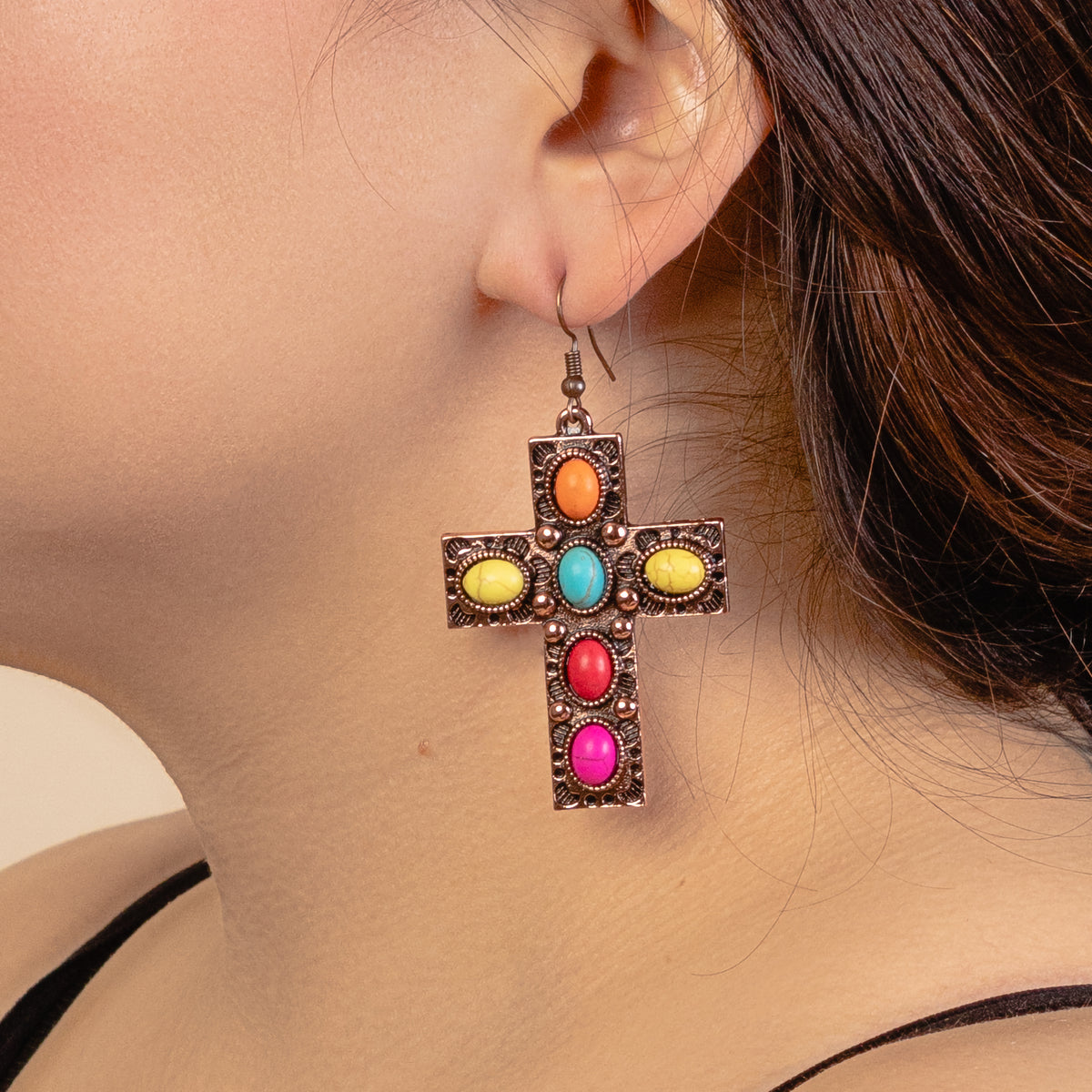 93142 - Squash Blossom Cross Earrings - Multi & Copper