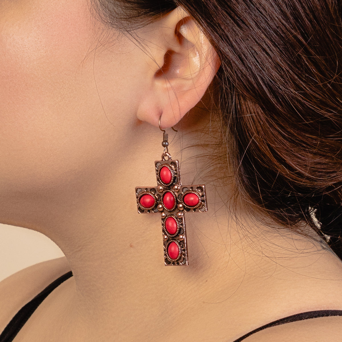 93142 - Squash Blossom Cross Earrings - Red & Coppper