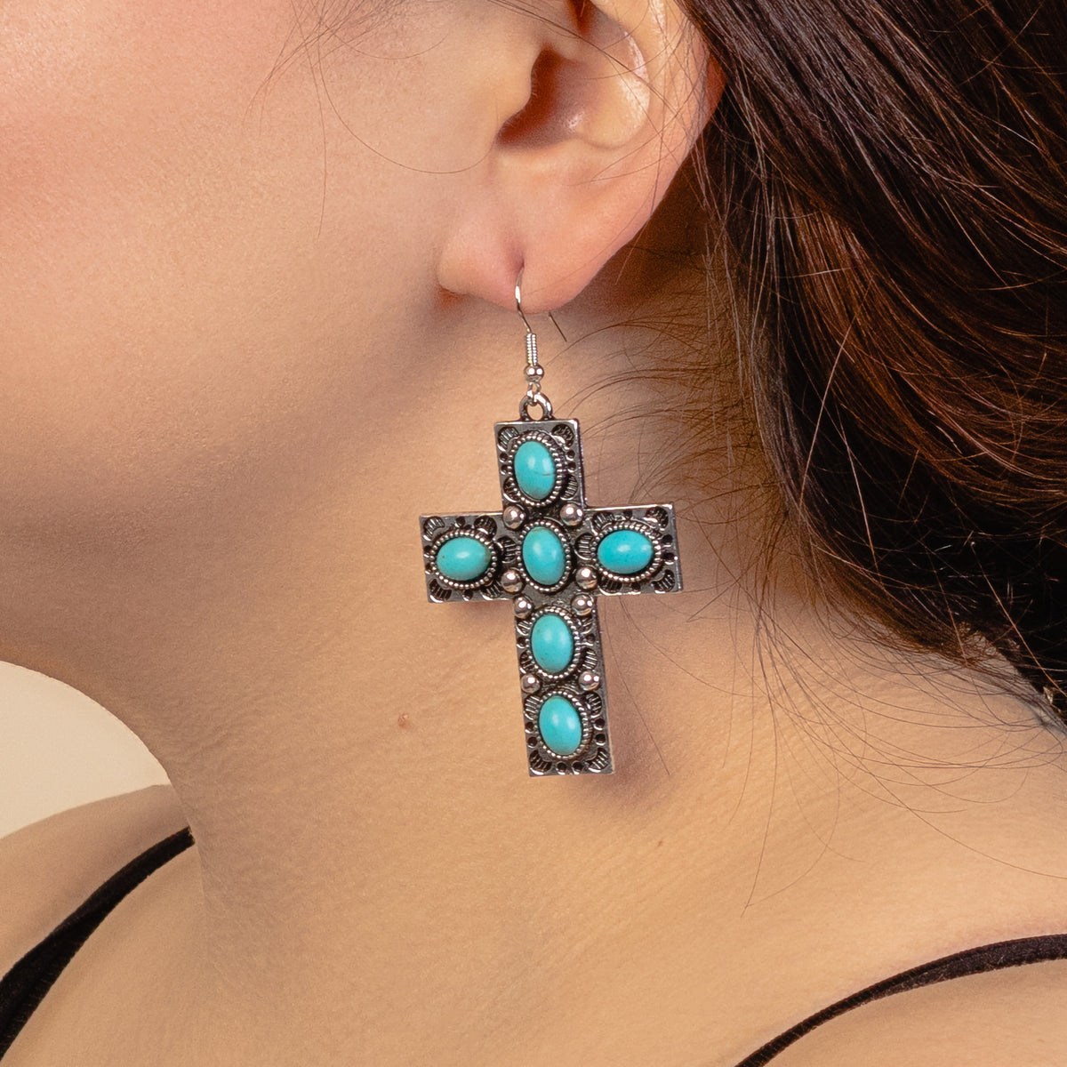 93142 - Squash Blossom Cross Earrings - Turquoise & Silver