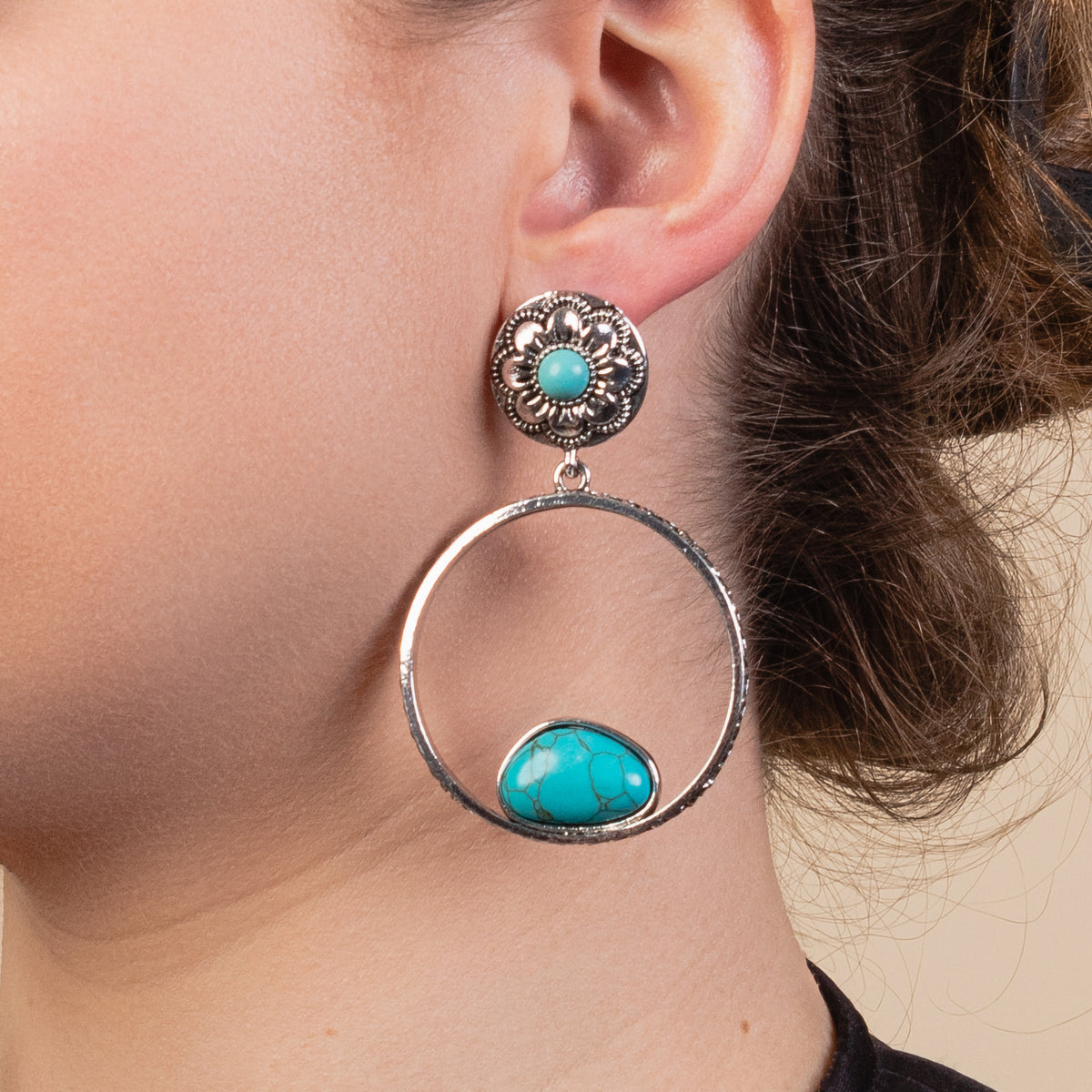 93146 - Squash Blossom Hoop Earrings - Turquoise & Silver