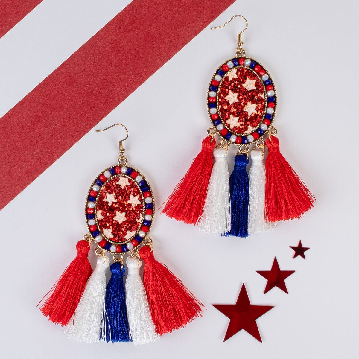 93212 - 4th of July Tassel Earrings - Red, White, & Blue