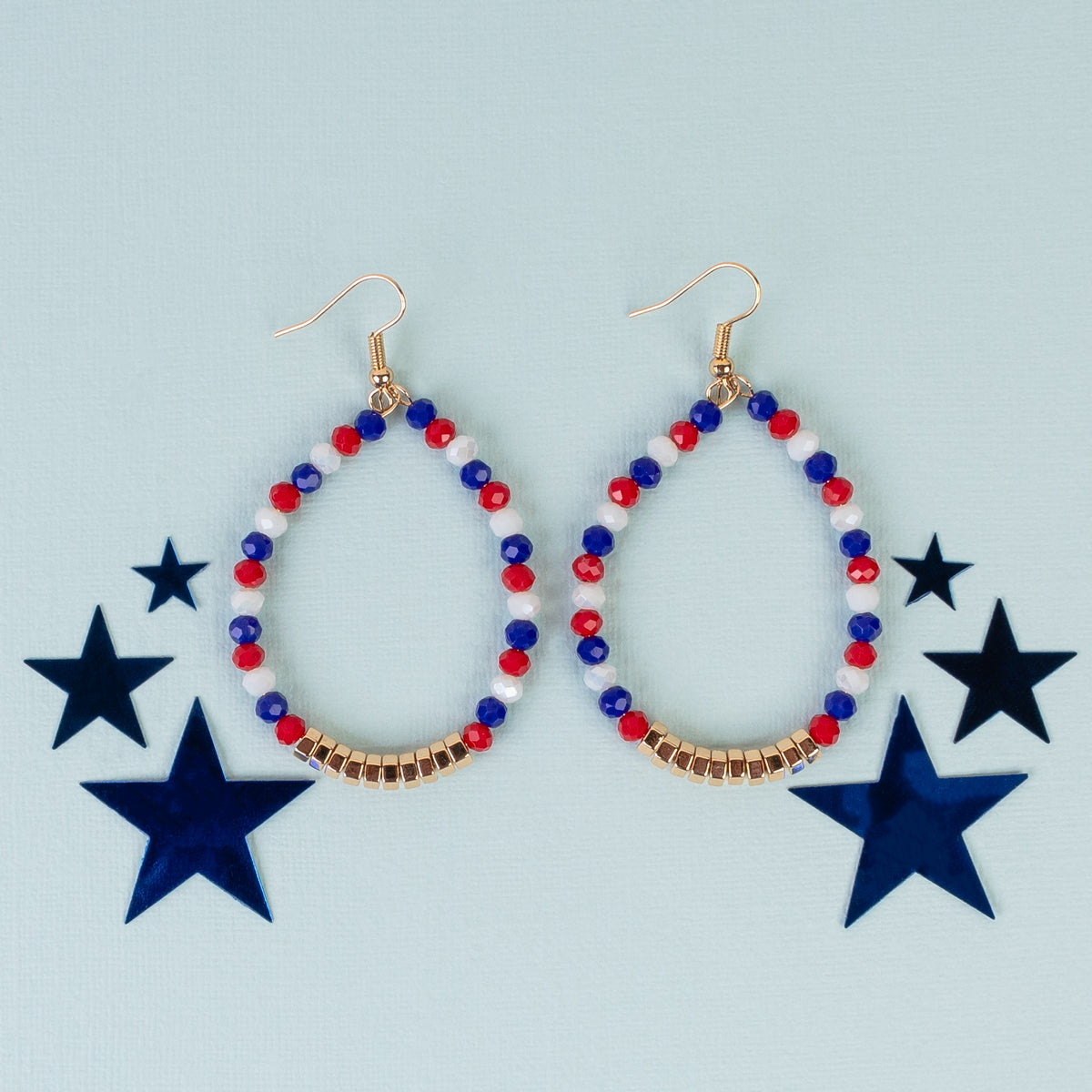 93221 - Crystal Beaded Hoop Earrings - Red, White, & Blue