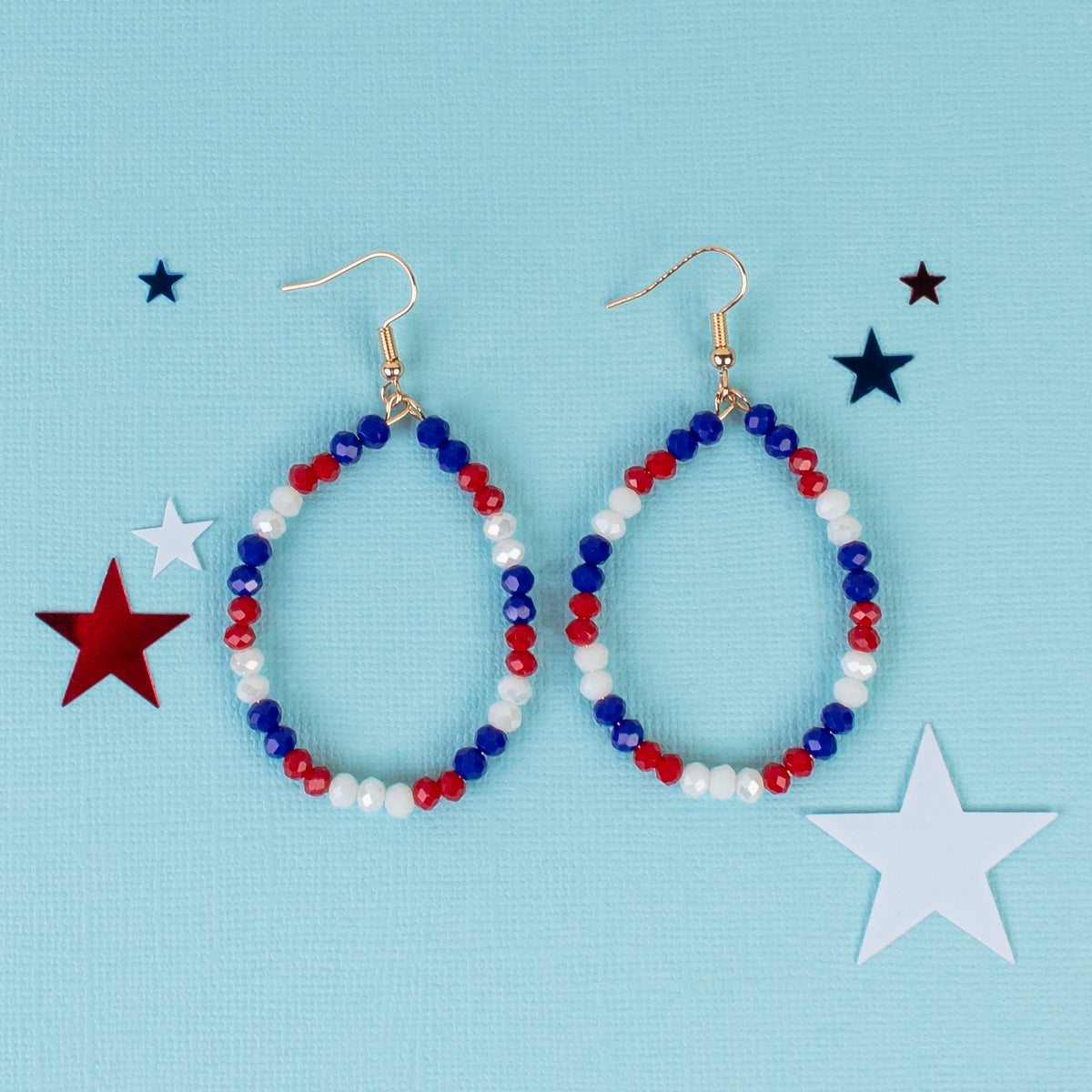 93223 - Crystal Beaded Hoop Earrings - Red, White, & Blue