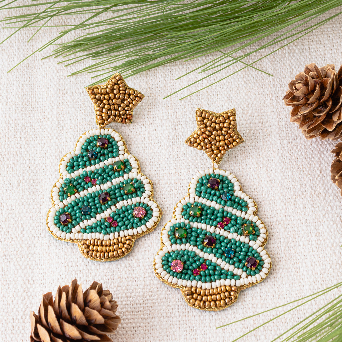 CH-01 - Beaded Christmas Tree Earrings - Green - Fashion Jewelry Wholesale