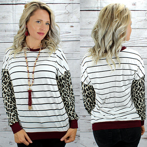 10360 - Long Sleeve Stripes Top with Leopard Sleeves - Maroon