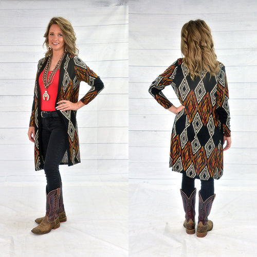 10388 - Aztec Print Cardigan with Pockets - Black