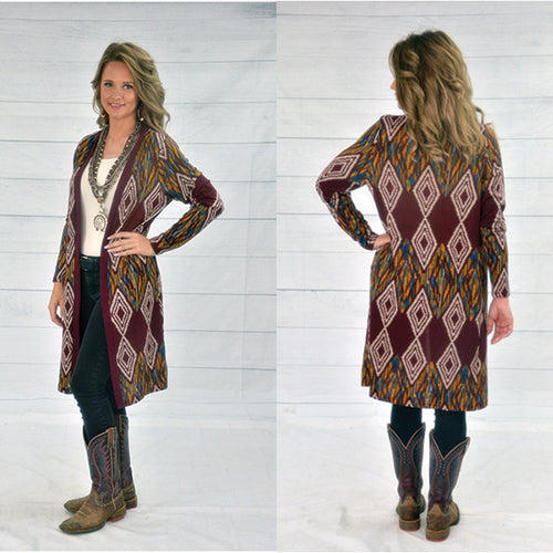 10388 - Aztec Print Cardigan with Pockets - Burgundy