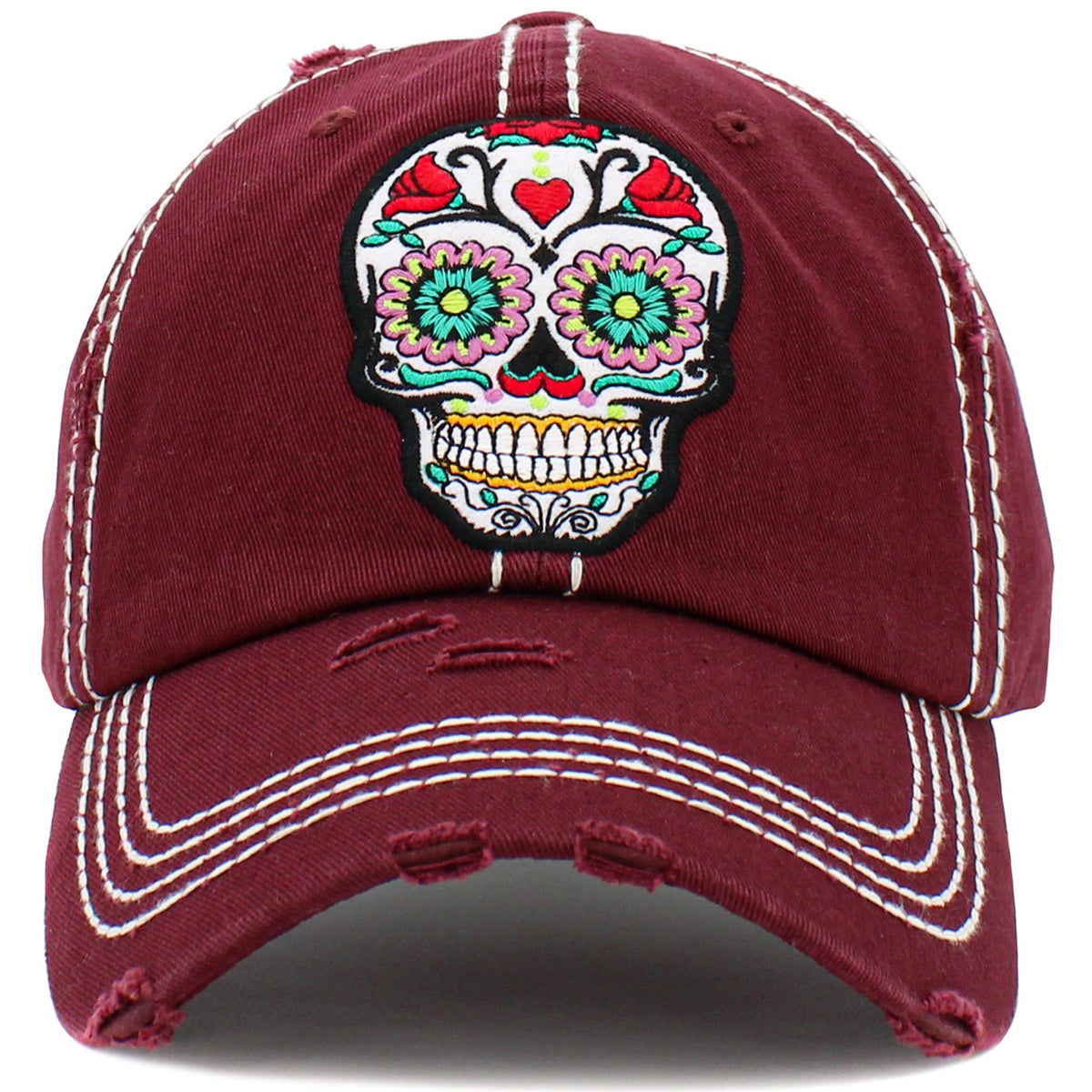 1459 -Sugar Skull Hat - Maroon