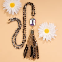 72770 - Rhinestone Beaded Tassel Necklace - Fashion Jewelry Wholesale
