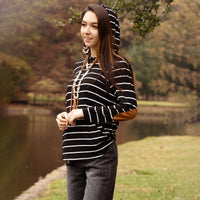 Load image into Gallery viewer, 10245 - Striped Hoodie with Elbow Patches and Pockets - Black
