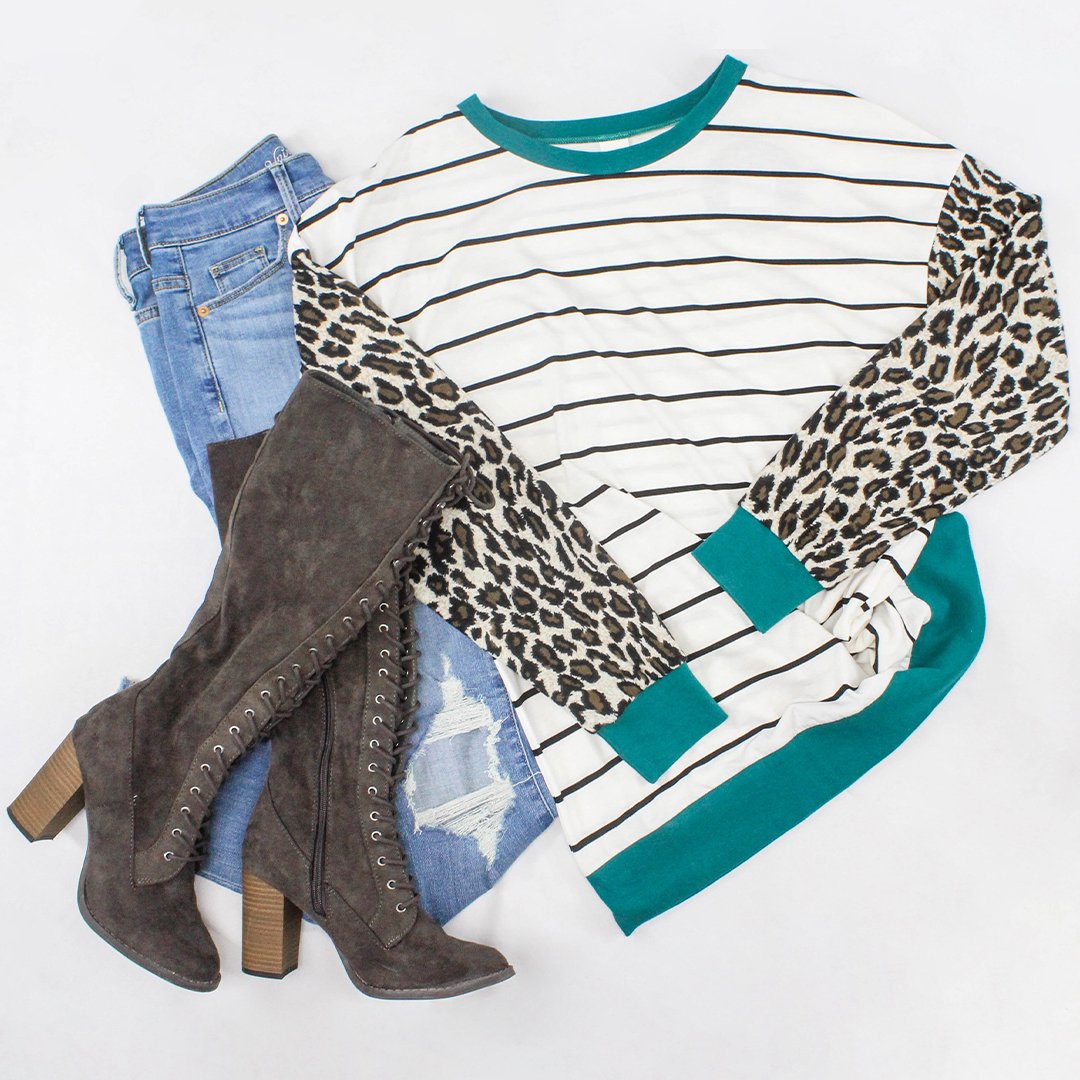 10360 - Long Sleeve Stripes Top with Leopard Sleeves - Turquoise